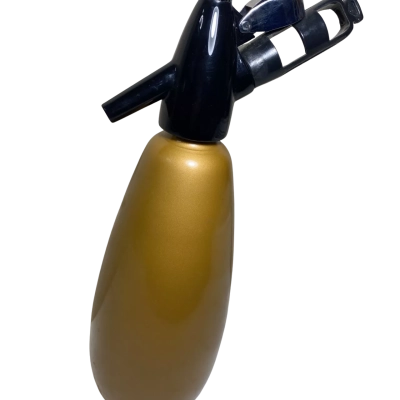 a vintage BOC (British Oxygen Company) gold-anodized soda syphon, manufactured in England during the mid-20th century