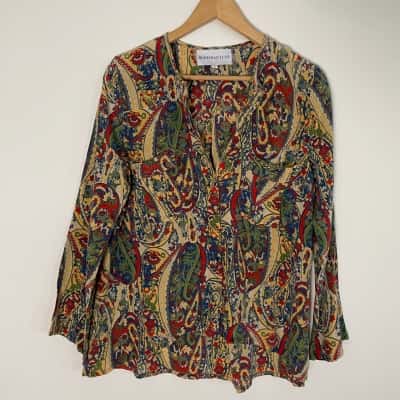 Bohemian Luxe Womens  Size M Long Sleeve Top 100% Silk - Paisley Print