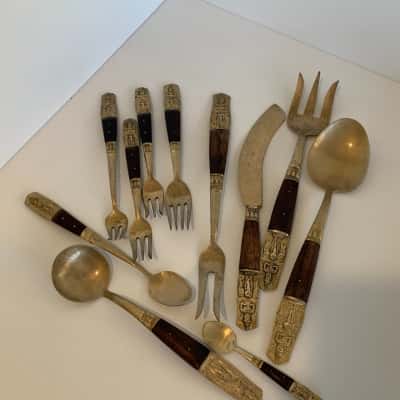 Vintage Thai Bronze & Rosewood Flatware (11 pieces Mixed Bundle)