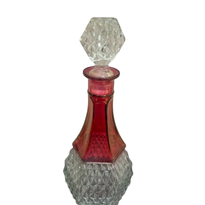 Vintage Decanter with Ruby Red Neck, Hexagon Base and Hexagon Stopper