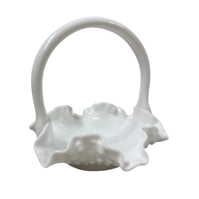 Fenton White Milk Glass Low Fluted Basket, Handle Approximately 15cm High, Basket Approximately 15cm Diameter