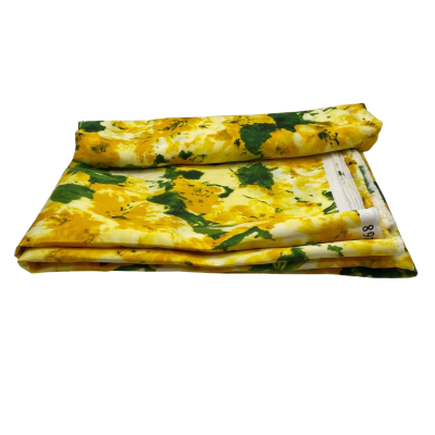 Mixed fibre fabric..  150 x 180 cms.  Yellow flower with green leaves in impressionist style.  (fab 1)