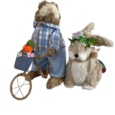 Straw Easter Bunny riding a Bike & a Smaller girl bunny 