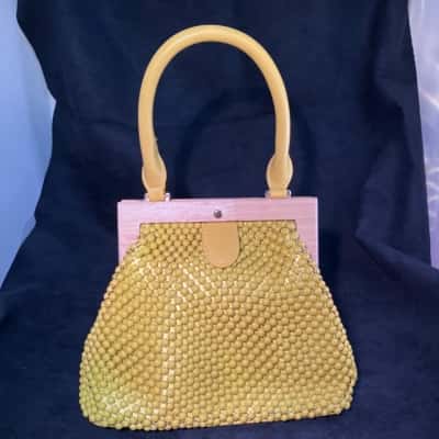 Olga Berg Yellow Beaded and Wooden Women's Handbag 