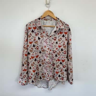 Emery Rose Grey Christmas Print Long Sleeve Shirt  Size L 
