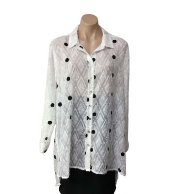 Hammond & Vine Womens Size 14 White Textured / Black Embroidered Spotted Long Sleeve Shirt 