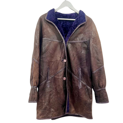 OMG Vintage Spanish Brown Leather Purple Trim Reversable Purple Fleece Jacket Size L