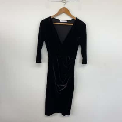 Atmos&Here Black Velvet Deep Plunge Midi Dress  Size 10 
