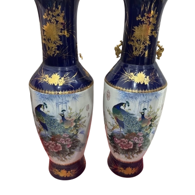 Pair of Large Asian Porcelain Peacock Floor Vases – Cobalt Blue & Gold Decorative Statement Pieces