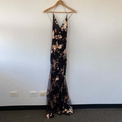 Showpo Black Gold Joemelyn Floral Embellished Sequin Halter Neck Cross Back Maxi Dress Size S 