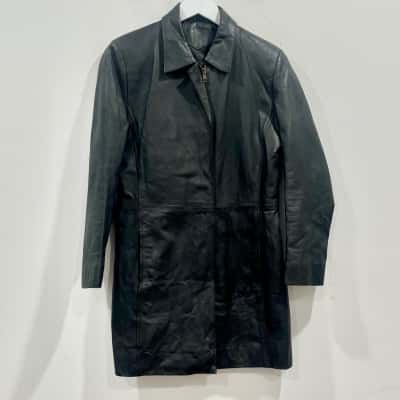 Black Leather 3/4 Length Jacket Size S 