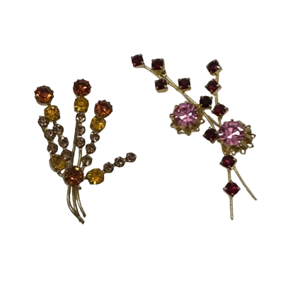 Vintage Rhinestone Womens Brooch x2 Gold Tone