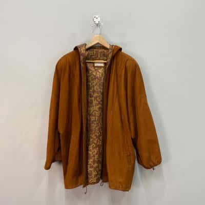 Vera Pelle Womens  Size XL Hooded Suede Leather Look Jacket Brown 