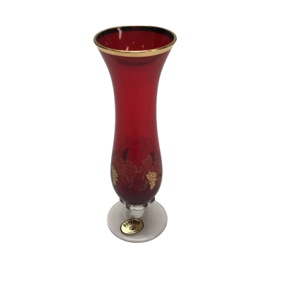 Vintage Bohemian Ruby Red Crystal Bud Vase With 24k Gold Etchings