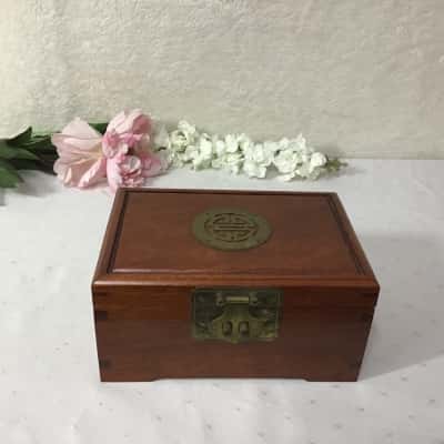 Vintage Chinese Wooden & Brass Jewellery Box with Red Silk Lining