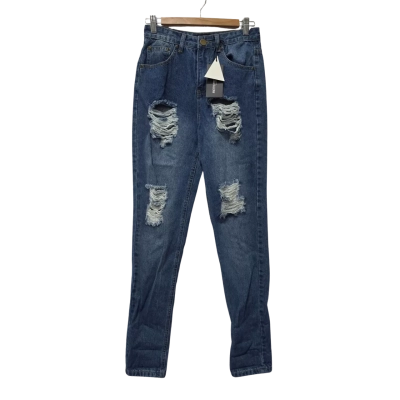 Pretty Little Thing Womens  Size 6 Mid Wash Ripped turn up Mom Jeans Blue 