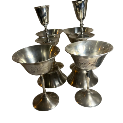 6 Small Metal Chalice Epns Gold Tone 14 cm Tall Etched Wine Cup Religious Ceremonial 2 Small Cups