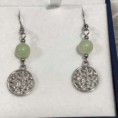  Womens Tree of Life Earrings in Silver Tone & Green 