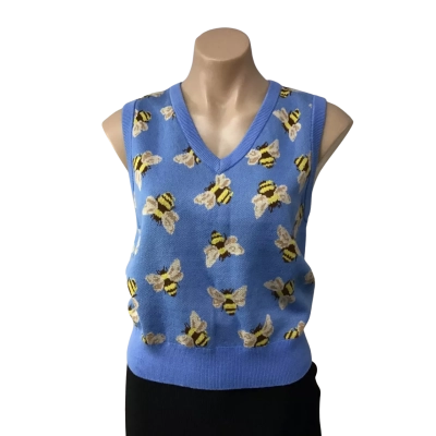 Princess Highway Womens Size 10 Blue / Busy Bee Pattern V-neck Sweater Vest (new)