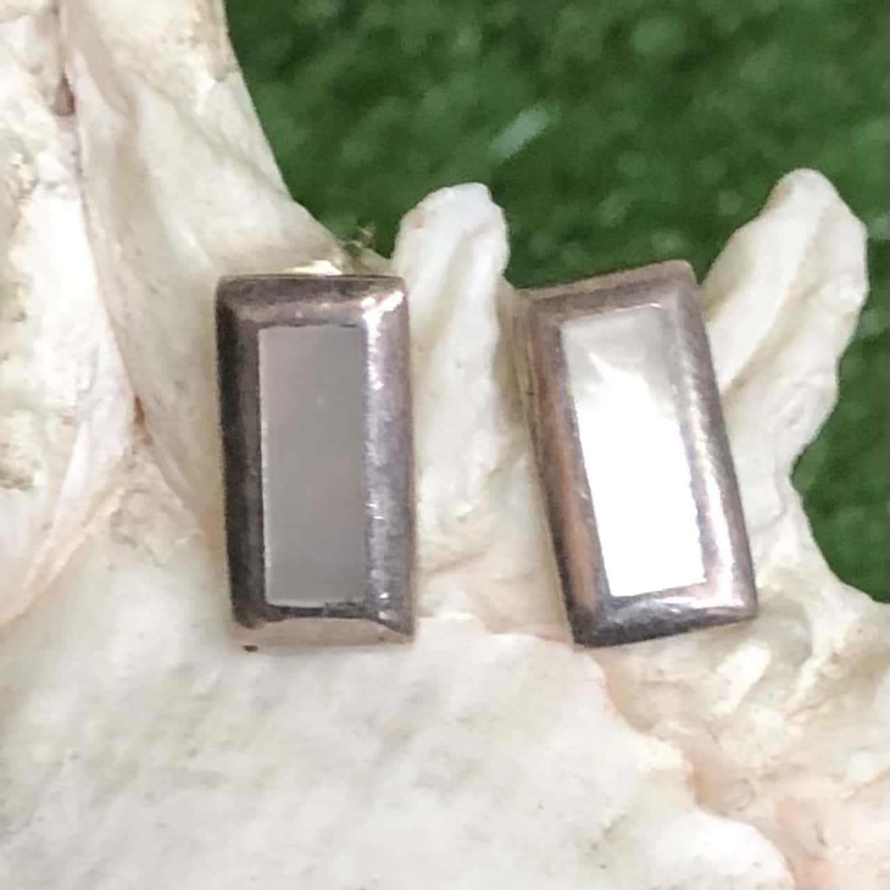 Sterling Silver Rectangle Earrings With Mother Of Pearl Centre (Stamped ...