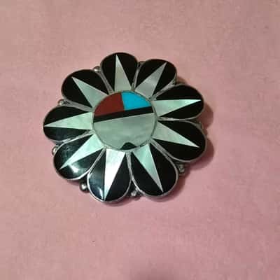 Vintage Zuni Sunface Inlay Brooch / Pendant- Sterling Silver