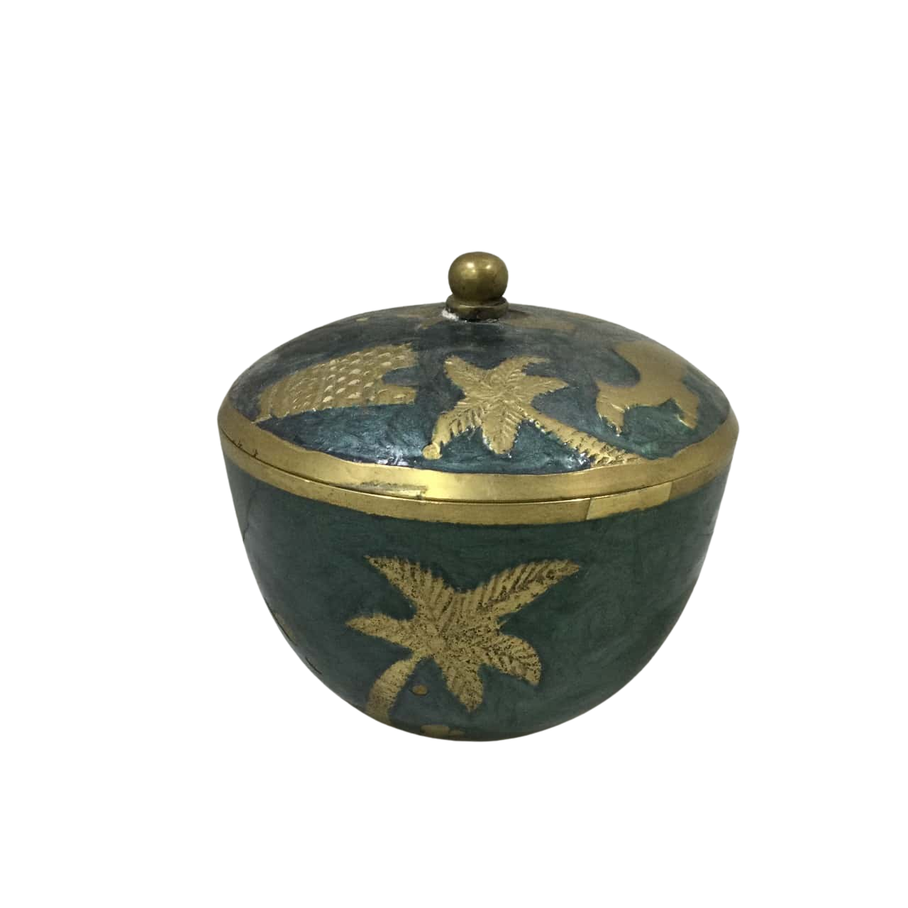 Middle Eastern Enamel Brass Bowl With Lid Golden/Green(s)