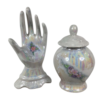 Vintage lustreware ring holder and cosmetic jar 