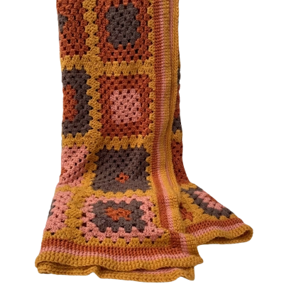 Granny Square blanket dark brown pink and rusty
