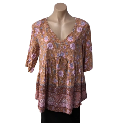 Love Nelli Womens Size S Brown/ Pink / Blue Floral 3/4 Sleeve V-neck Top  