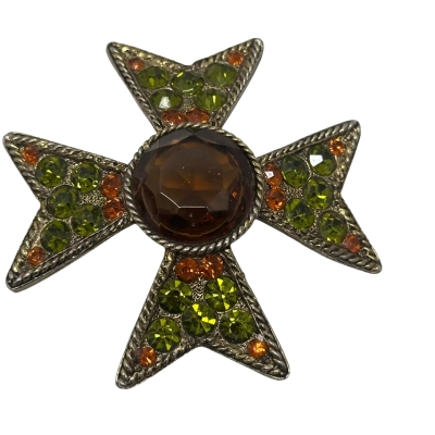 BSK Vintage  Womens Maltese Cross Brooch Brown / Green / Orange 