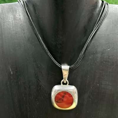 Silver/Red Square Stone Pendant Necklace