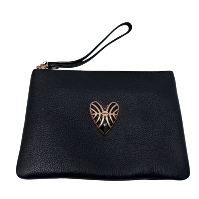 Mimco Womens Leather Wristlet Black  with Rose Gold Heart Logo