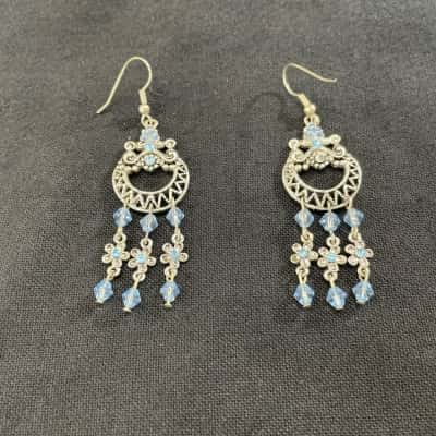 Dangle Silver Toned Earrings with Blue Beads Filigree Design 