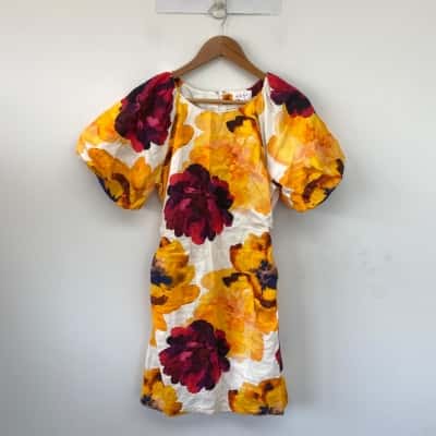 AERE Yellow Red Floral Short SLeeve Mini Dress  Size 10 