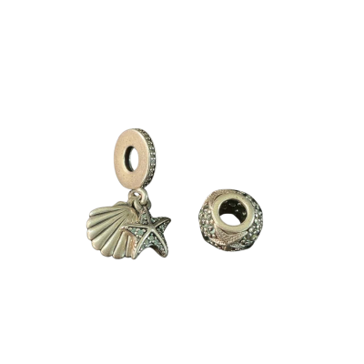 Pandora charms (2) Starfish and seashell (stamped) Blue gemstone/ Sterling Silver 