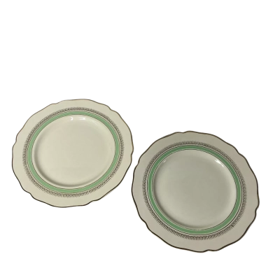 Vintage Royal Doulton 2 x "Ascot" Cream Dinner Plates with Green Stripe & Gold Pattern