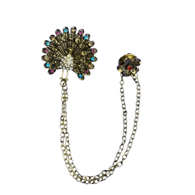  Womens 2part Brooch. 3.5cm Diamanté peacock, chain snd floral stud. 