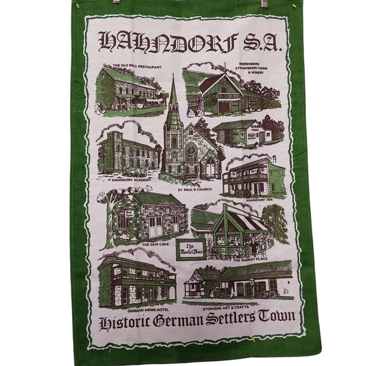 Tea towel History German settlers Town. Vintage. New. (s)