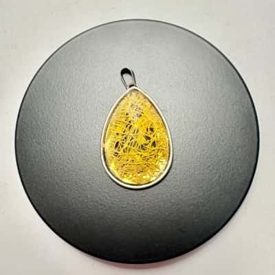 Silver Tone Tear Drop Pendant with Yellow Insert