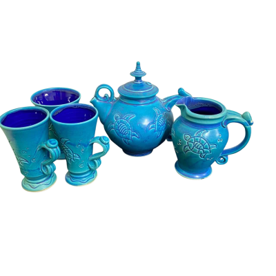 Moonranjay blue Pottery Turtle and Fish Mug cups and Tea Pot set