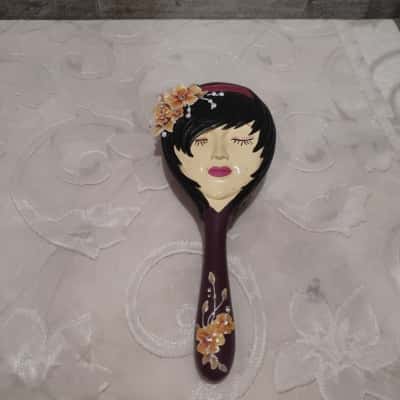 hand painted resin hair brush purple yellow flowers