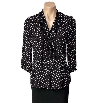 Review Womens Size 10 Black / Pink Hearts Button-up 3/4 Sleeve Blouse (new)