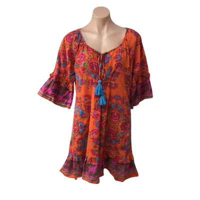Lula Life Womens Size M Orange / Multicoloured Pattern Short Sleeve Dress 