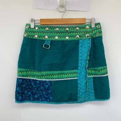 Om Design Blue Green Pattern Wrap Mini Skirt One Size 