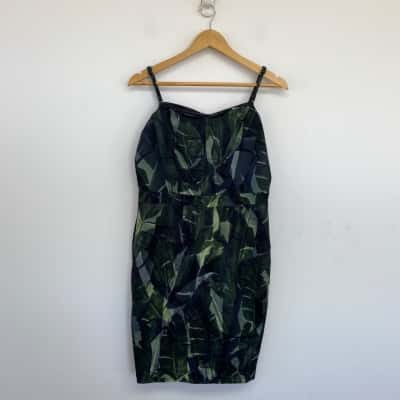 Portmans Black Green Pattern Strappy Midi Dress Size 14 
