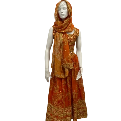 Orange & Gold Floral-embroidered Lehenga Choli .  Size XL / XXL 