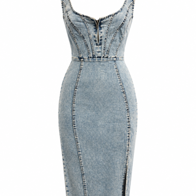 By Amica Washed Blue Denim Zip-Front Midi Dress – Size 10 – Tags