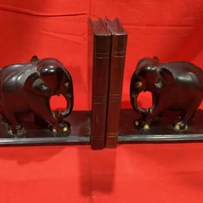 Vintage Carved Wood Elephant Bookends