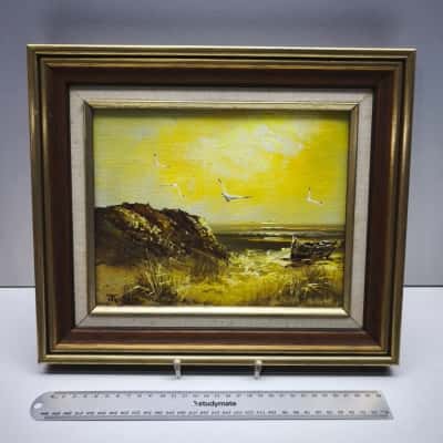 Vintage Coastal Beach Boat Scene Oil Painting Signed Framed Wall Art