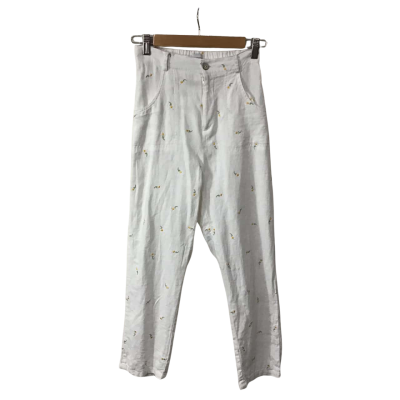 Ghanda Womens Size 6 White Linen Blend Pants with Embroidered Flowers
